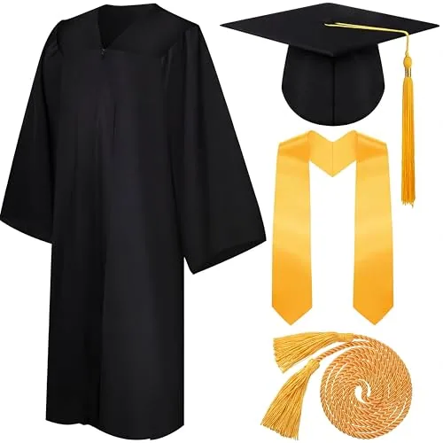 4 Piece 2026 Unisex Graduation Matte Gown Cap Tassel Stole Set, Black, product photograph