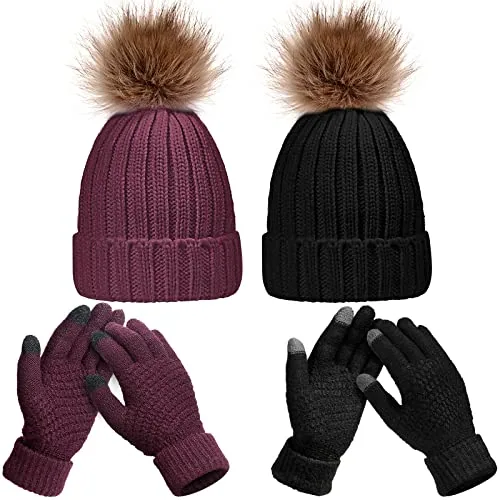 4 Piece Hat and Glove Set Winter Beanie and Glove Set, Black, product photograph