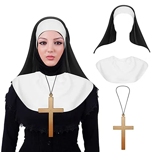 3 Piece Nun Costume Accessories Black Veil White Collar Gold Cross, product photograph