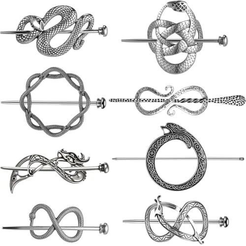 8 Piece Viking Celtic Hair Clips Vintage Knot Hair Stick Retro, Silver, product photograph