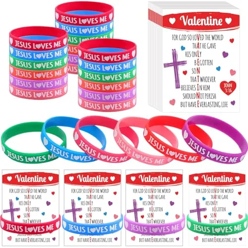 72 Piece Religious Valentine's Day Cards Bracelets Set John 3: 16, Multicolour, product photograph
