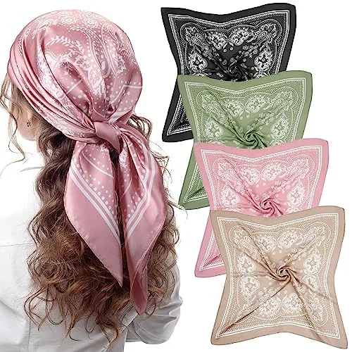4 Piece 27 in Square Satin Bandanas, Pink, product photograph