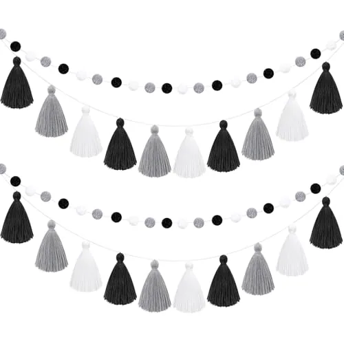 4 Piece Pom Pom Tassel Garland Felt Pompom Ball Banner Tassel, Black, product photograph