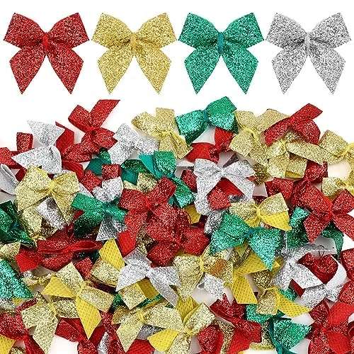 150 Piece Christmas Mini Bow Tiny Twist Tie Handmade Craft Ribbon, Gold, product photograph
