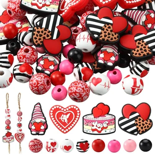 300 Piece Valentine's Day Wood Silicone Beads, product photograph