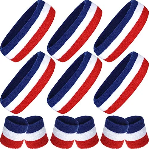 12 Piece 4th of July Sports Wristband Set Striped Head Sweatband, Red, product photograph
