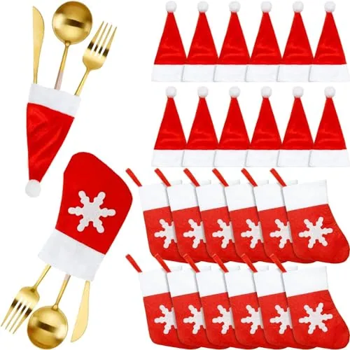 Christmas Silverware Holder Santa Hats Stockings Flatware, Red, product photograph