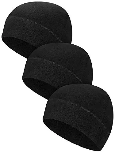 3 Piece Winter Warm Skull Cap Soft Fleece Beanie Hat Thick, Black, product photograph