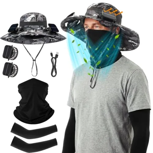 Solar Powered Fan Hat Neck Gaiter Arm Sleeves Sun Bucket, product photograph