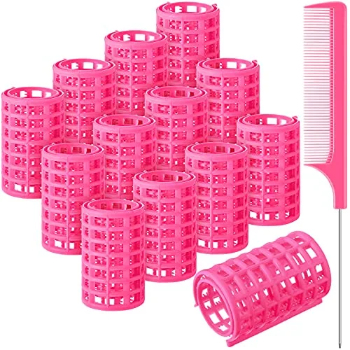 12 Piece Pink Plastic Hair Rollers, product photograph