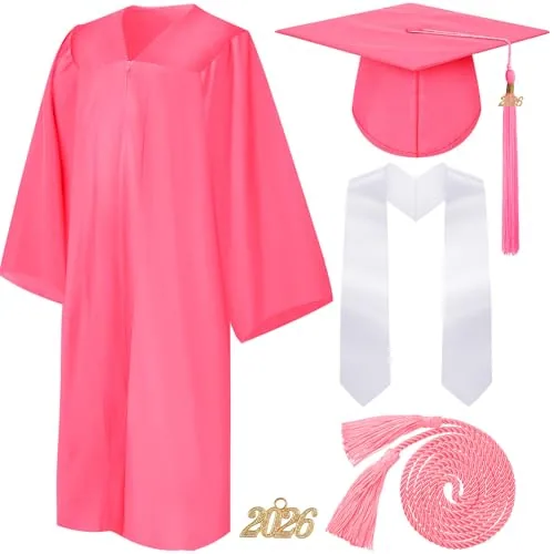 4 Piece 2026 Unisex Graduation Matte Gown Cap Tassel Stole Set, Pink, product photograph