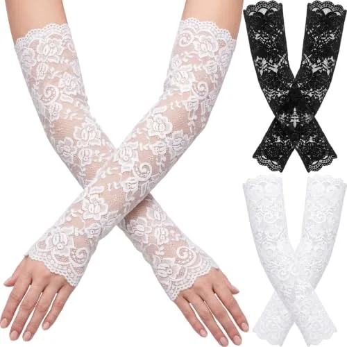 2 Pairs Women Lace Arm Sleeves Long Floral Lace Gloves, Black, product photograph