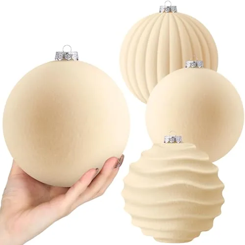 4 Piece 6 Inch Velvet Christmas Balls Large Ornaments, Ivory, product photograph