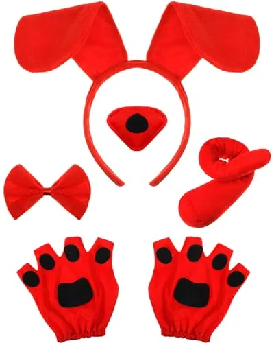 Puppy Dog Costume Set Ears Headband Bowtie Nose Tail Paw, Red, product photograph