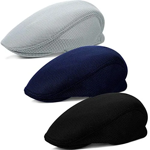 3 Piece Mens Mesh Flat Cap Breathable Summer Newsboy Hat Cabbie, product photograph