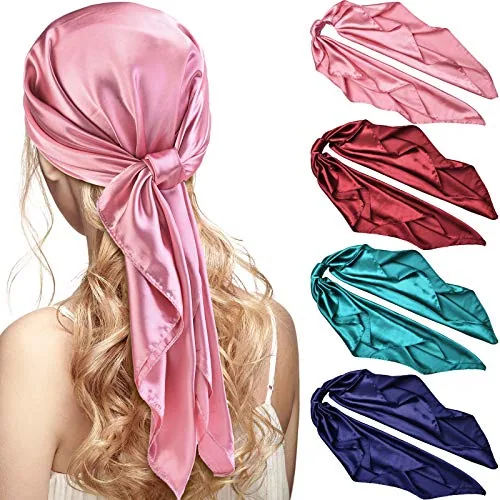 4 Piece 35 Inch Head Satin Large Bandana Satin Scarves Head Scarf, Blue, product photograph