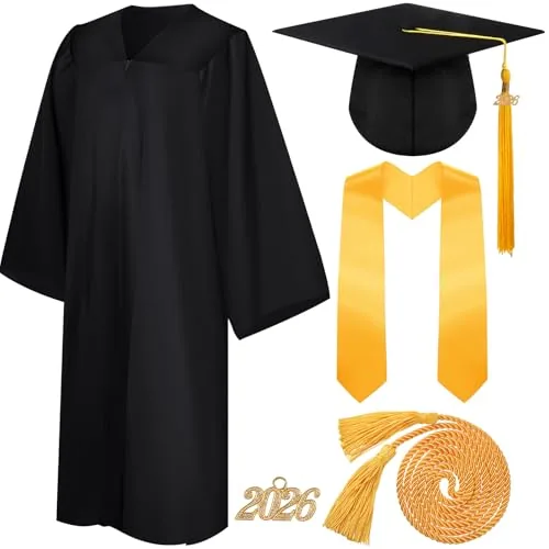 4 Piece 2026 Unisex Graduation Matte Gown Cap Tassel Stole Set, Black, product photograph