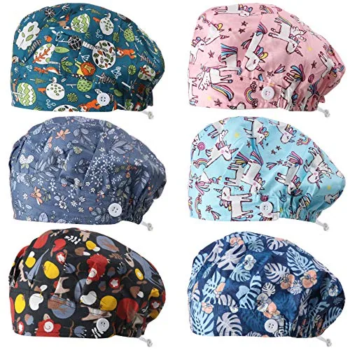 6 Piece Button Bouffant Surgical Caps Nursing Hats Adjustable, Multicolour, product photograph