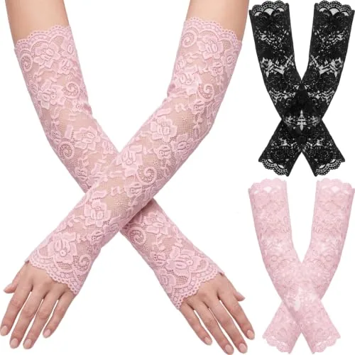 2 Pairs Women Lace Arm Sleeves Long Floral Lace Gloves, Black, product photograph