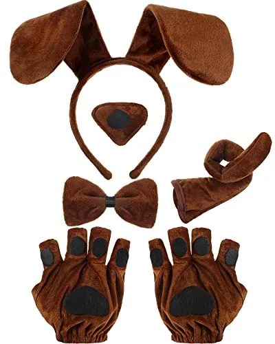Puppy Dog Costume Set Ears Headband Bowtie Nose Tail Paw, Brown, product photograph