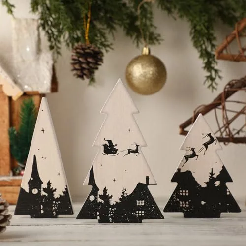 3 Piece Christmas Wooden Tree Decor Christmas Tree Sign, Black, product photograph
