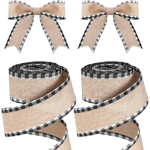 2 Rolls Christmas Buffalo Plaid Wired Edge Ribbons, Black, product photograph