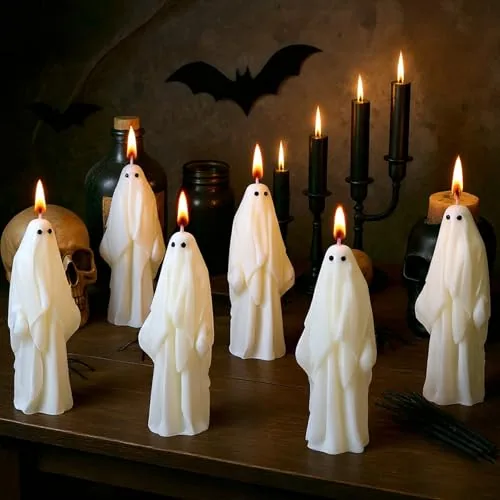 6 Piece Halloween Ghost Candles Gothic Spooky Ghost Taper Candles, White, product photograph
