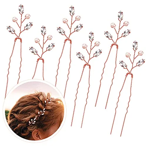6 Piece Pearl Crystal Wedding Hair Pins Rhinestone Leaf, Pink, product photograph