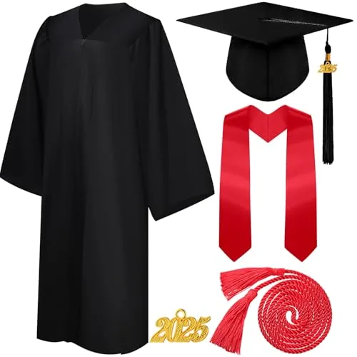 4 Piece 2026 Unisex Graduation Matte Gown Cap Tassel Stole Set, Black, product photograph