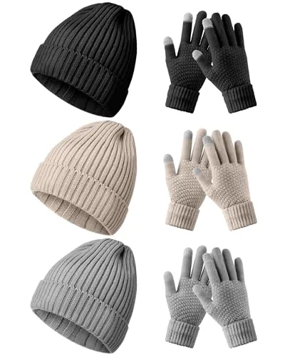 6 Piece Women Men Beanie Winter Hat Gloves Set, Black, product photograph
