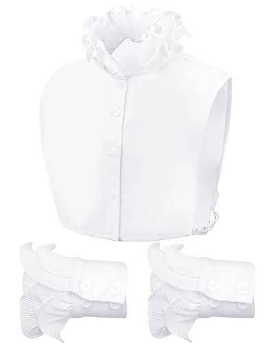 2 Piece Detachable Bud Collar Dickey and Ruffled Wrist Cuffs, White, product photograph
