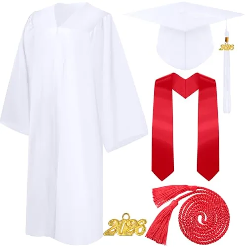 4 Piece 2026 Unisex Graduation Matte Gown Cap Tassel Stole Set, White, product photograph