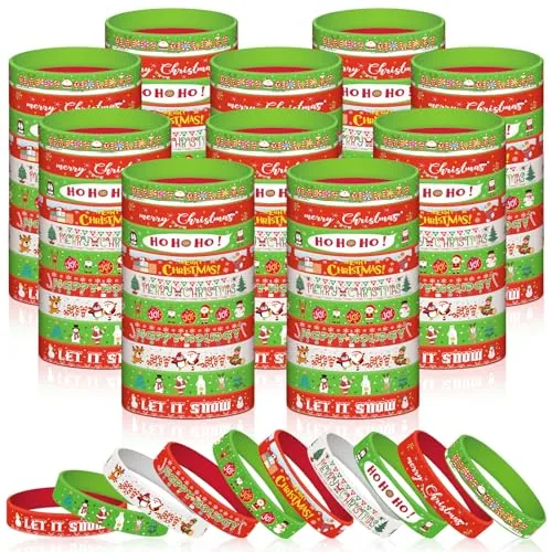 300 Piece Christmas Silicone Bracelets Bulk Xmas Rubber Wristbands, Multicolour, product photograph