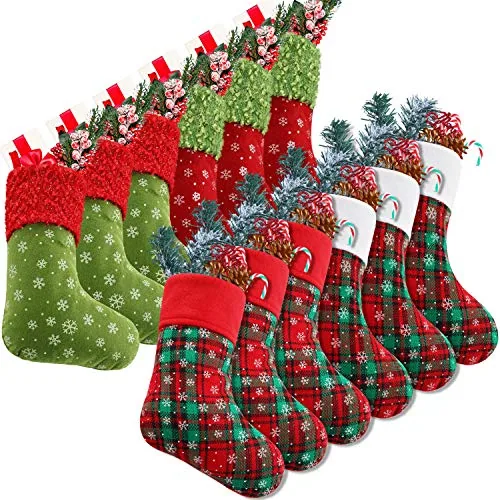 12 Piece 9 Inch Christmas Mini Stockings Plaid Snowflake Christmas, Multicolour, product photograph