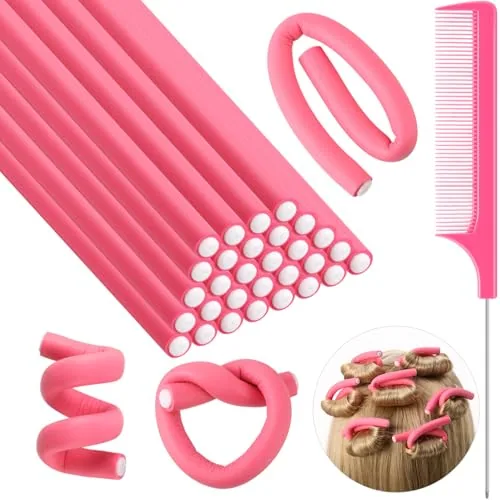 30 Piece Soft Foam Curling Rods No Heat Hair Rollers, Pink, product photograph