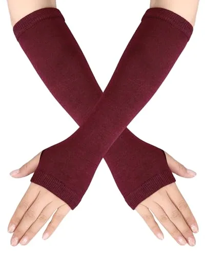 1 Pair Women Summer Knitted Long Fingerless Gloves UV, Red, product photograph