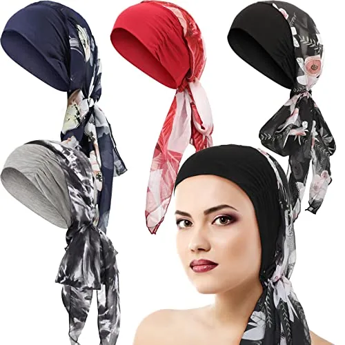 4 Piece Headwear Turban Sleep Beanie Head Scarf Long Hair Head, Grey, product photograph