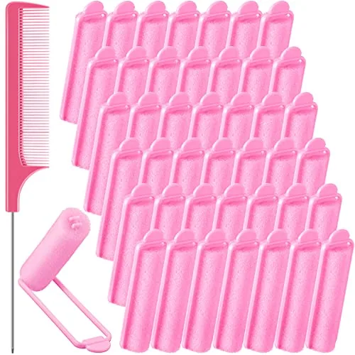 43 Piece Foam Sponge Hair Rollers Rat Tail Comb, Pink, product photograph