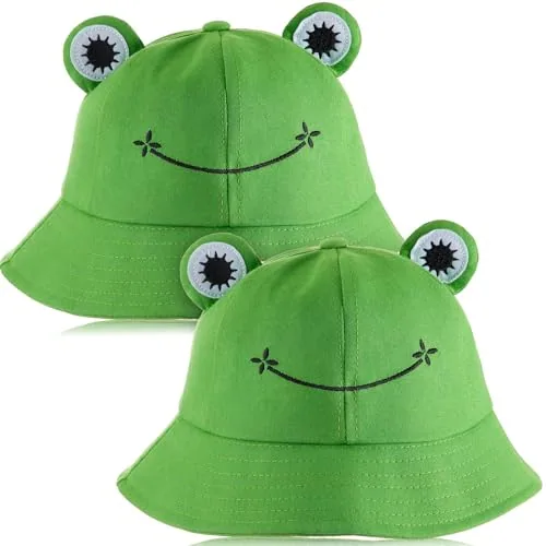2 Piece Frog Bucket Hat Green Funny Cute Fisherman Cotton Sun, product photograph