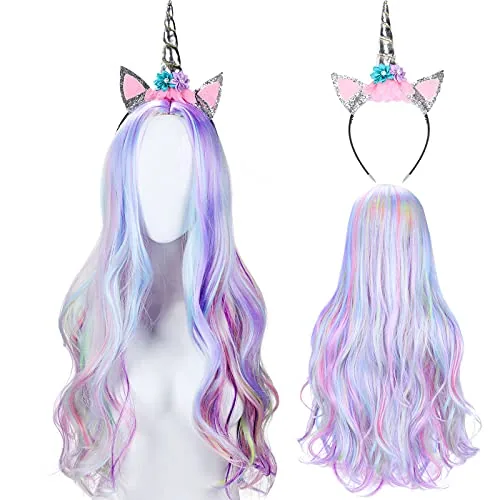 3 Piece Halloween Unicorn Wig Set Included Long Curly Wavy, Gold, product photograph