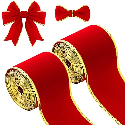 2 Rolls Red Velvet Ribbon Golden Edge, Gold, product photograph