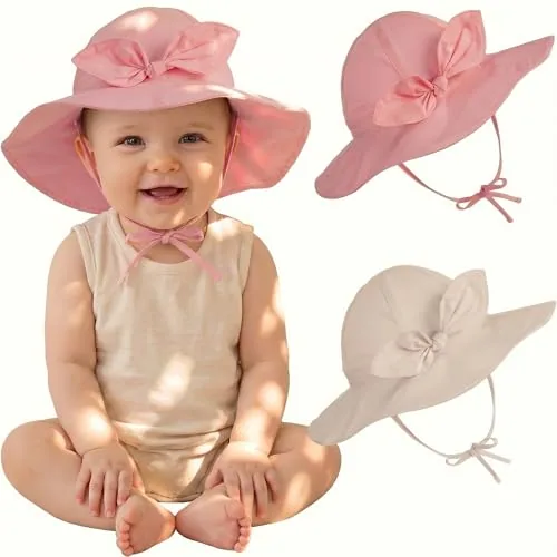 2 Piece Wide Brim Baby Girls Sun Hat Adjustable Sun Protection, White, product photograph