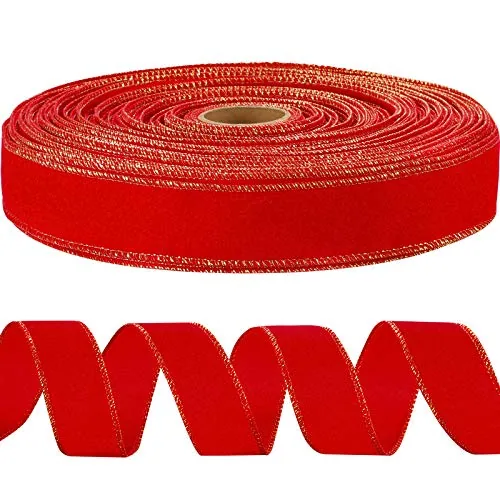 Velvet Ribbon 1.5 Inch X 60 Yard Red/Gold Wired Gold Edge, product photograph