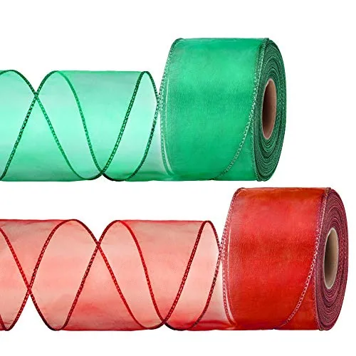 2 Rolls Christmas Organza Wired Sheer Ribbon Wrapping, Red, product photograph