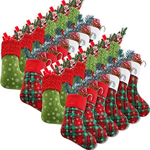 24 Piece 9 Inch Christmas Mini Stockings Plaid Snowflake Christmas, Multicolour, product photograph