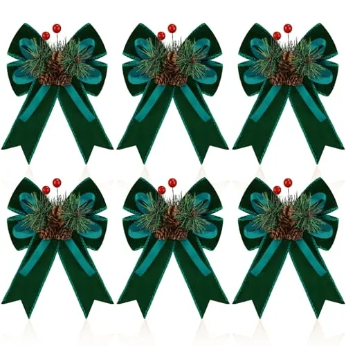 6 Piece Christmas Velvet Bow, Green, product photograph