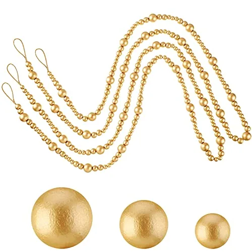 2 Piece 13.6 Feet Christmas Wooden Beads Garland, Gold, product photograph