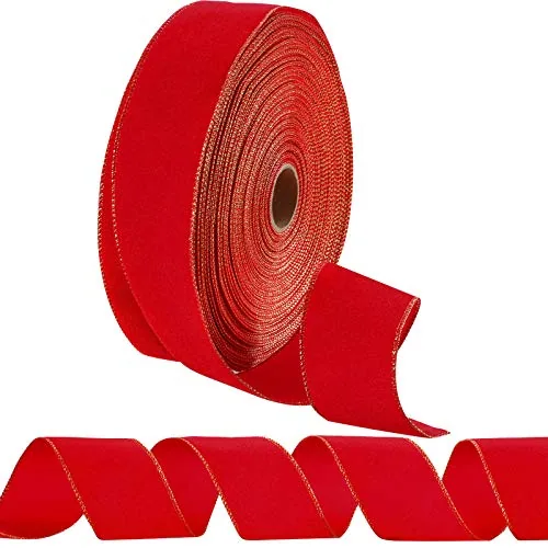 Velvet Ribbon 2.5 Inch X 60 Yard Red Wired Gold Edge, product photograph