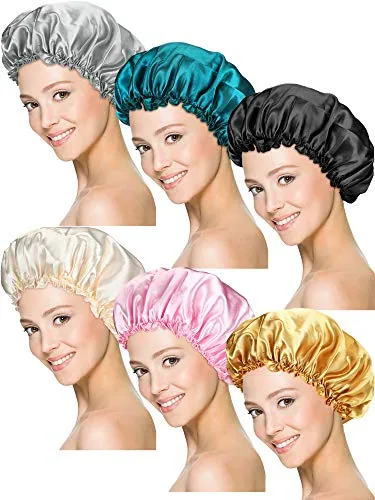 6 Piece Sleep Cap Satin Bonnet, Black, product photograph