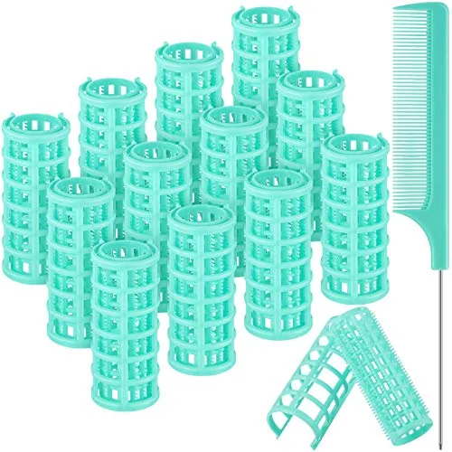 12 Piece Green Plastic Hair Rollers, product photograph